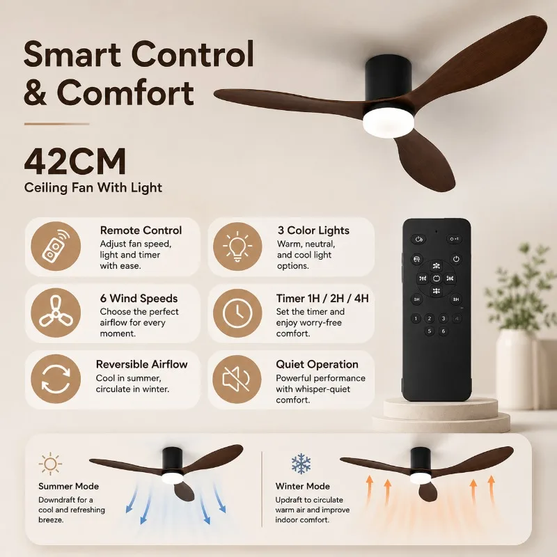 42cm Ceiling Fan with LED Light Remote APP Control 3 Color Dimmable Quiet Fish Tail Blade for Bedroom Home Ceiling Fan Light
