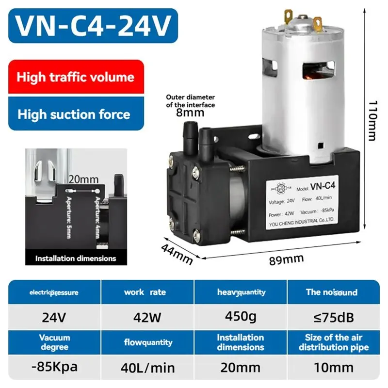 ABWZ-DC24V Mini Oilless Vacuum Pump 85Kpa 40L/Min High Suction Air Gas Pump Oil-Free Design For Laboratory Medicals DIY Projects