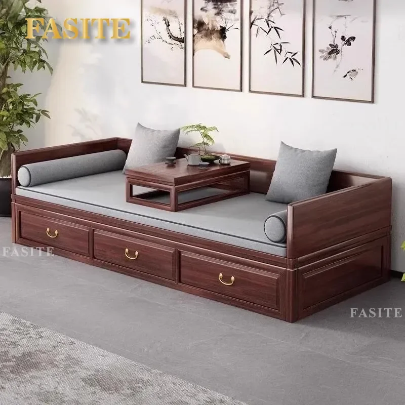 For New Chinese Style Arhat Bed Ebony Solid Wood Push-Pull Chaise Longue Sofa Bed with Retractable Storage Drawer Box