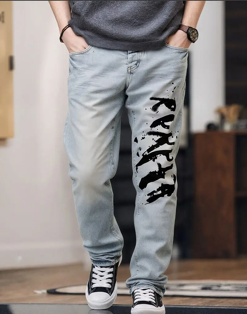【HME】Men's Jeans | Ink‑Splash Letter Print Denim Pants, Light‑Wash Vintage Faded Denim Trousers, Graffiti‑Style Printed Casual Pants, Straight‑Leg Loose‑Fit Denim Bottoms, Street‑Inspired Daily Outfit For Men