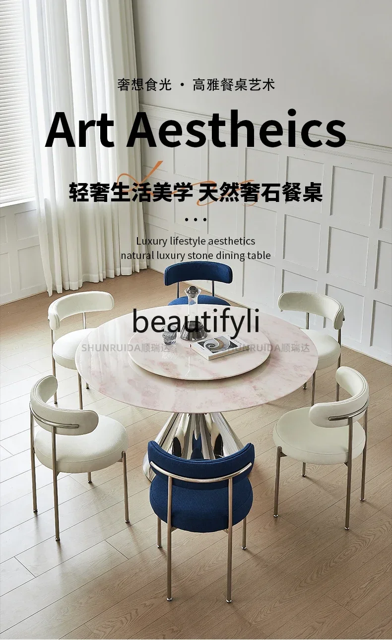 GG Imported Pink Diamond Luxury Stone Dining Table Round Rose with Turntable Pure Natural Marble Dining Table
