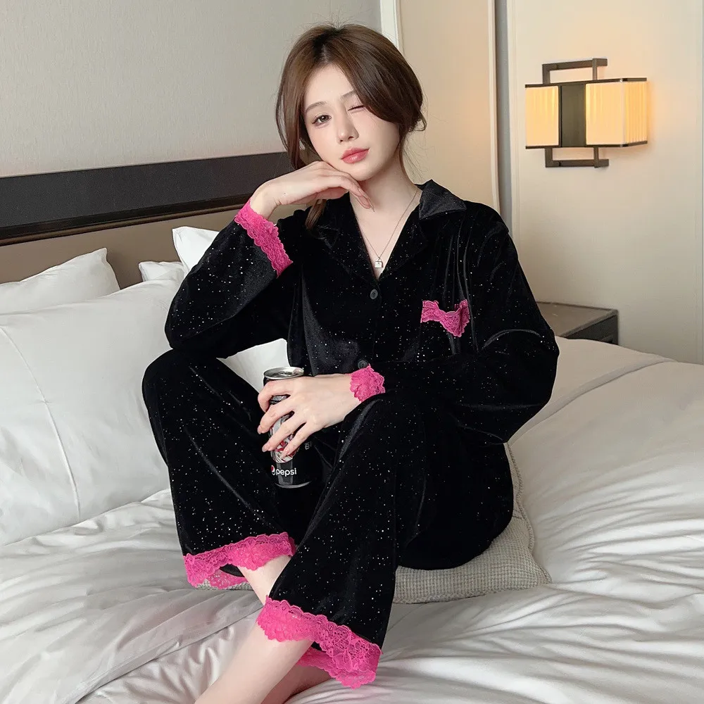 Lapel Lace Sleepwear 2Pcs Velour Women Pajamas Homewear Autumn Winter Velvet Nightwear Casual Pijamas Set