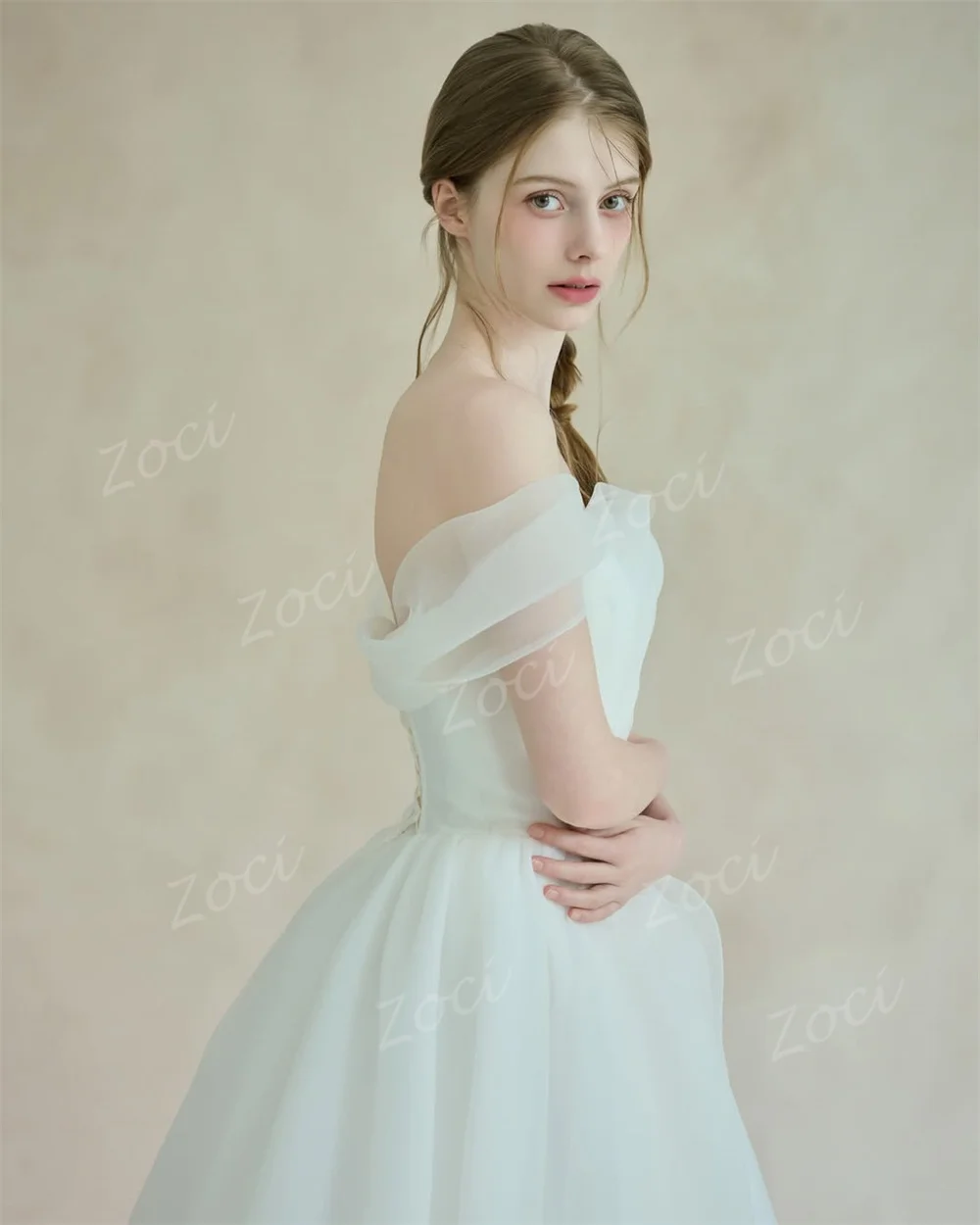Zoci Modern Off Shoulder Organza A Line Korea Wedding Dresses Corset PhotoShoot Bride Wedding Party Gown 드레스 Customized