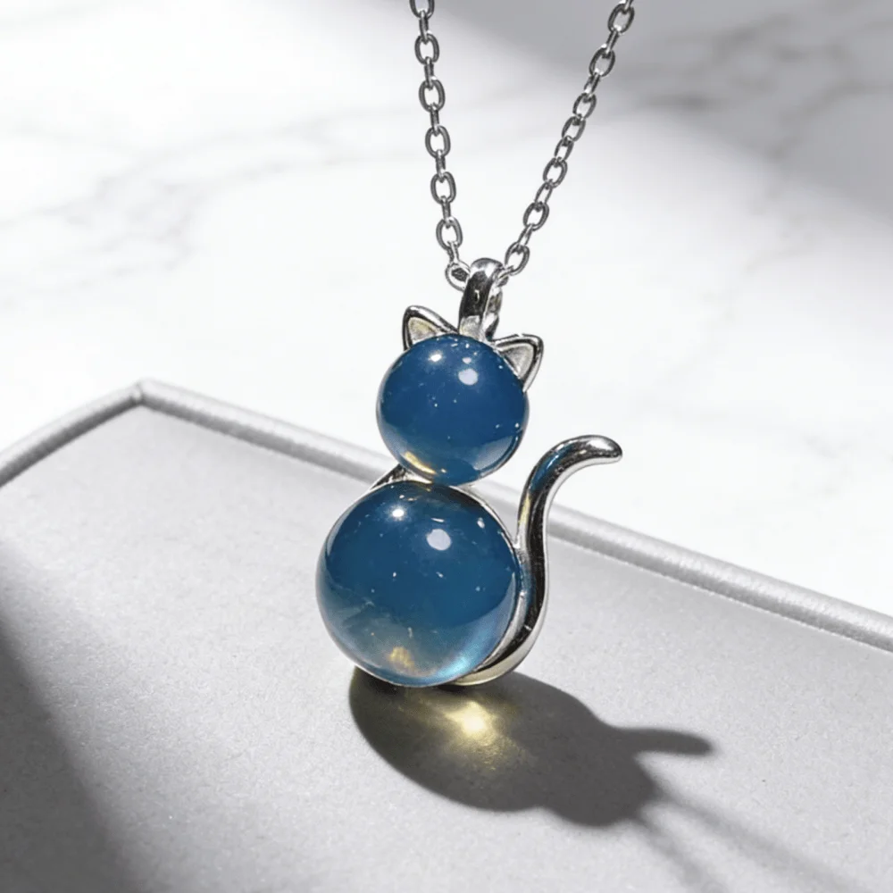 

Natural Mexican Blue Amber Cat Pendant, 8mm & 6mm Round Bead, Sterling Silver Jewelry Cute Animal Necklace Gift for Women