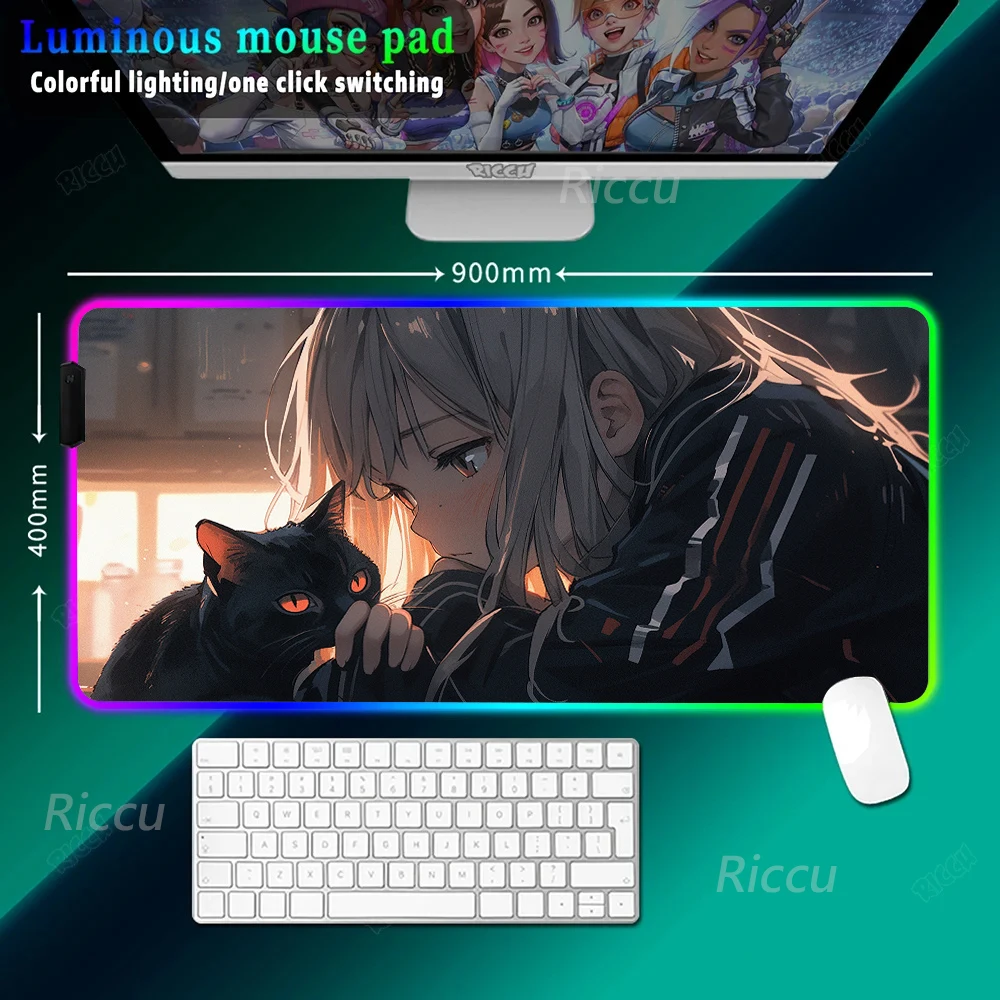 

RGB Computer Accessories Gaming Mouse Pads Backlit LED Office Desk Extended Carpet Large black cat Gamer Anime Girls kawaii Pads