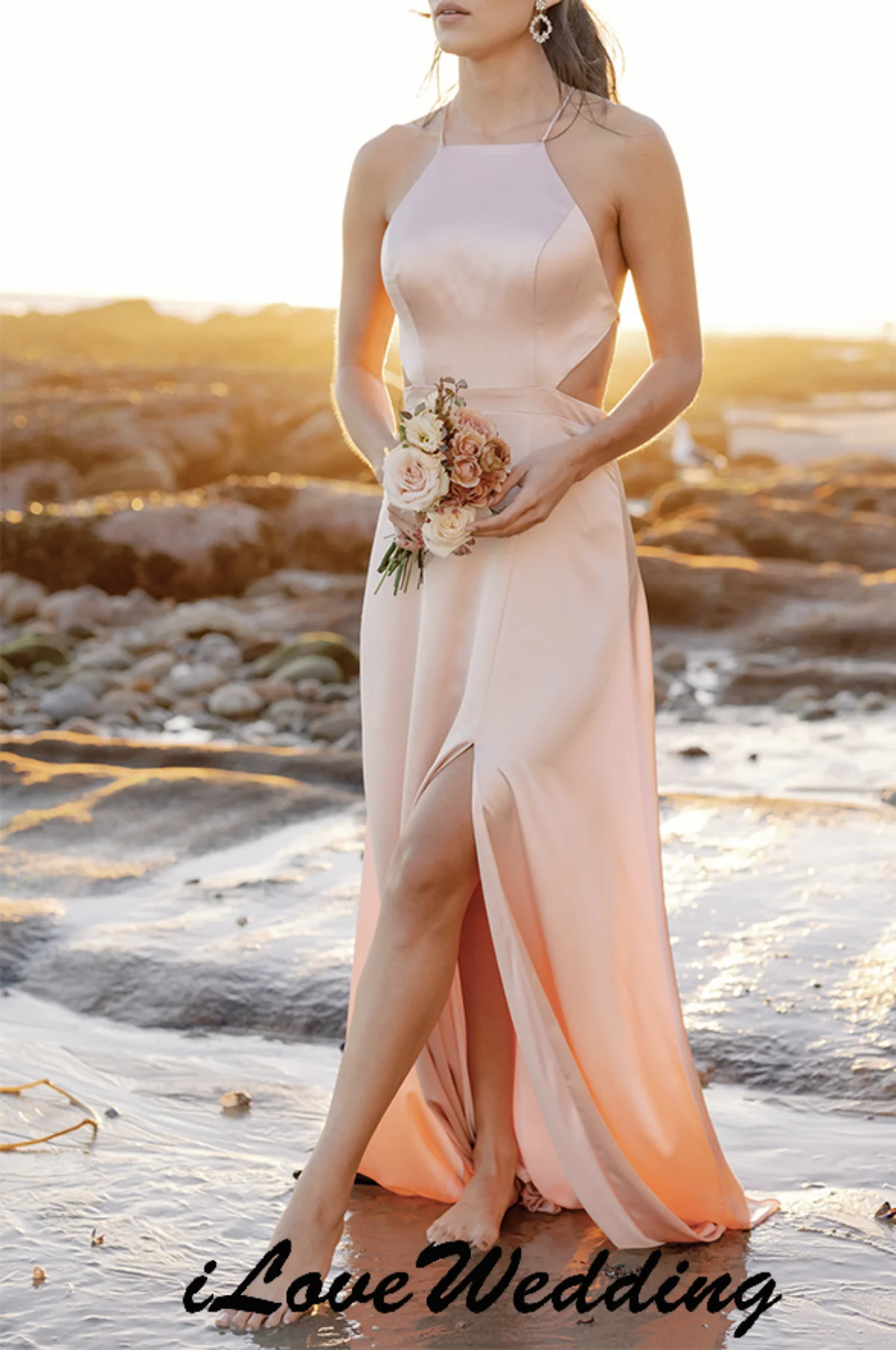

Bridesmaid Dresses 2025 Nude Pink Wedding Party Dress For Woman Gueset Halter Sleeveless Criss-Cross Satin Open Back Customized