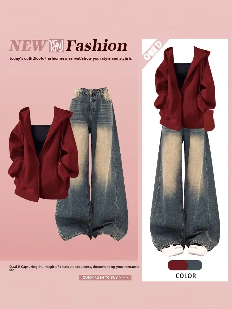 Autunno College Sle Cardigan aperto con cappuccio con cerniera ampia Completo da donna con jeans a gamba larga distranti Set da due pezzi Faionable...