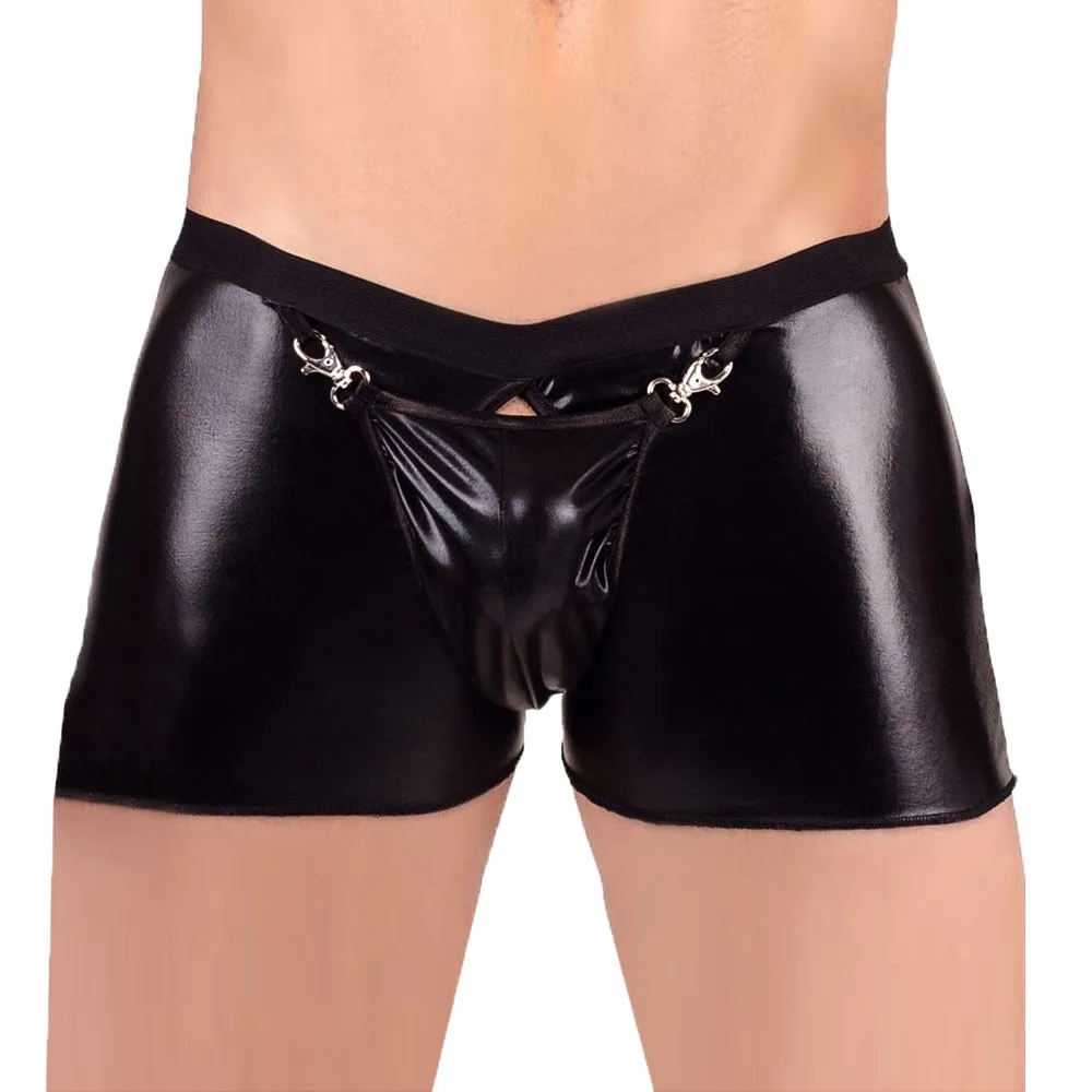 

Male Sexy Boxer Underpants Faux Leather Gay Open Crotch Underwear Plus Size Black Shorts Hot M-2XL Comfortable Men New Panties