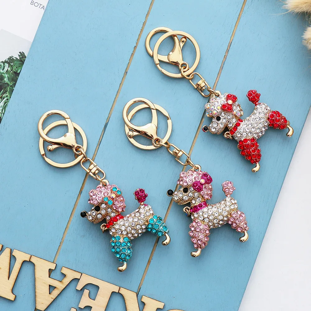 Fashion Colorful Rhinestone-studded Cute Puppy Design Key Chain Creative Metal Car Key Chain Poodle Shaped Rhinestone Pendant