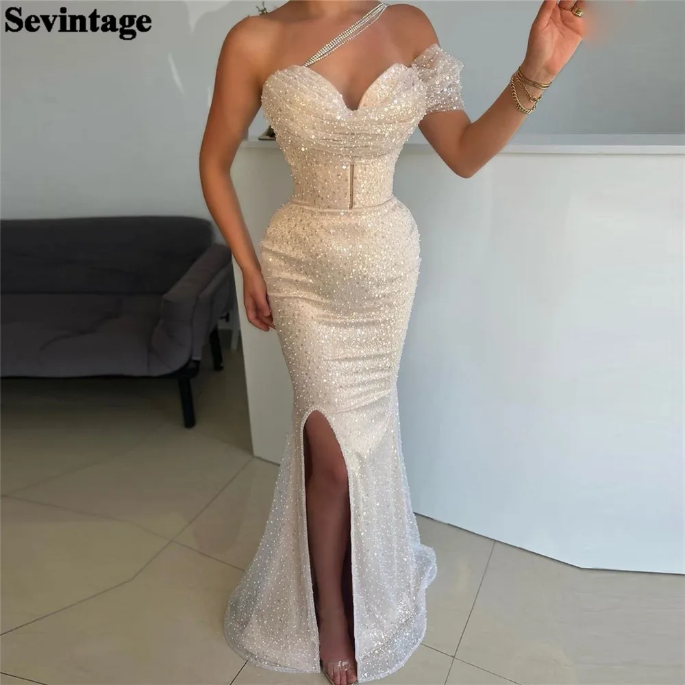 

Sevintage Beige Satin Mermaid Prom Gowns Glitter Sequin Strapless Side Slit Party Dress One Shoulder Women Evening Gowns Outfits