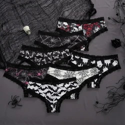 2pcs Halloween Women's Underwear Sexy Lace Edge Gothic Style Rose Skull Bat spider pattern printing Personalized Triangle Pants
