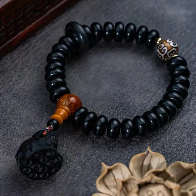 Black Ox Horn Round Men's Ethnic Style Pendant Unique Turtle Shell Bead Bracelet