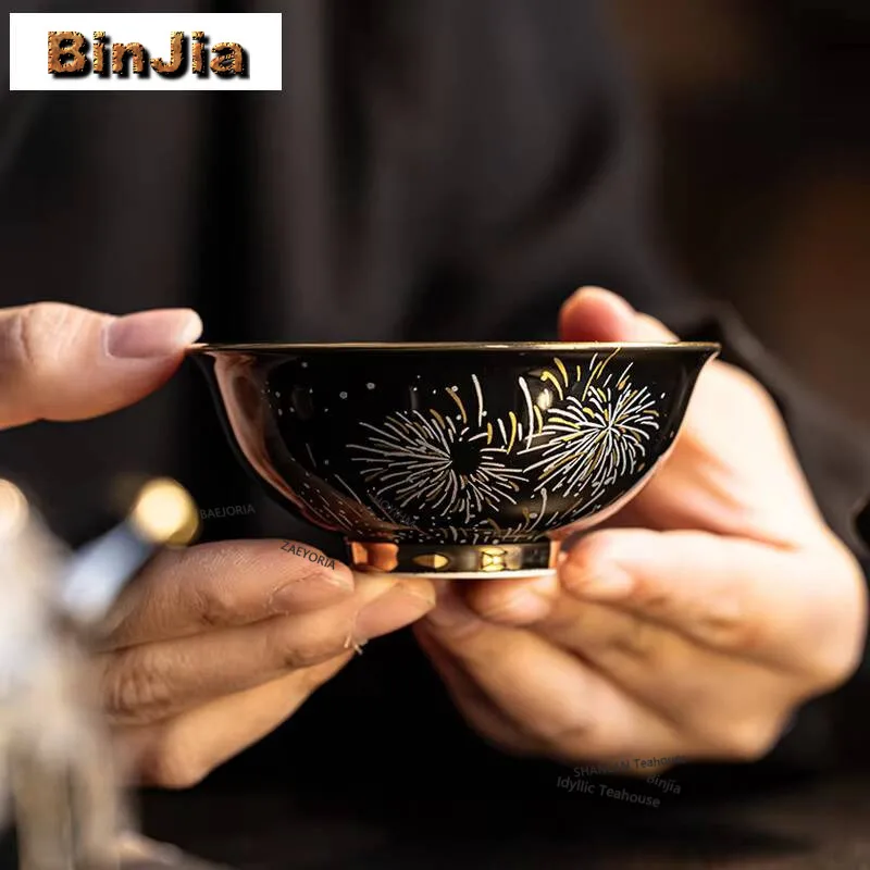2pc/lot Black Hot Stamping Firework Wide Mouth Teacup Antique Tea Bowl Mug Tea-tasting Smelling Cup Jianzhan Master Cups 70ml