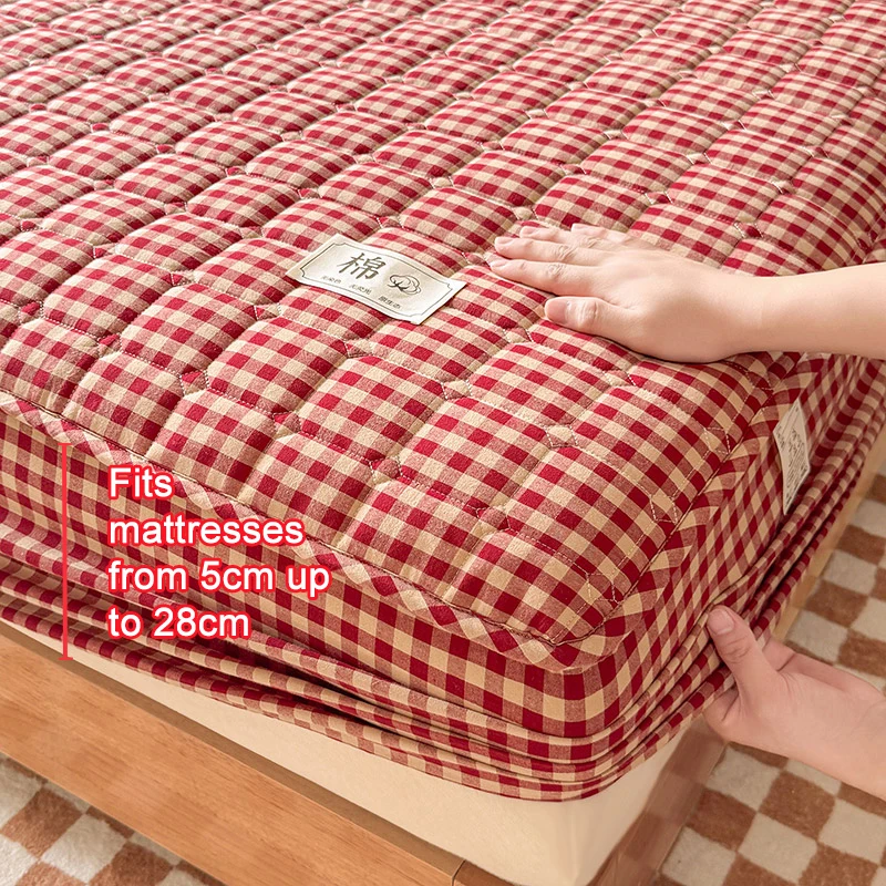 100% Cotton Quilted Mattress Cover, Anti‑Mite & Antibacterial Fitted Bed Sheet, Soft Breathable Plaid Mattress Protector