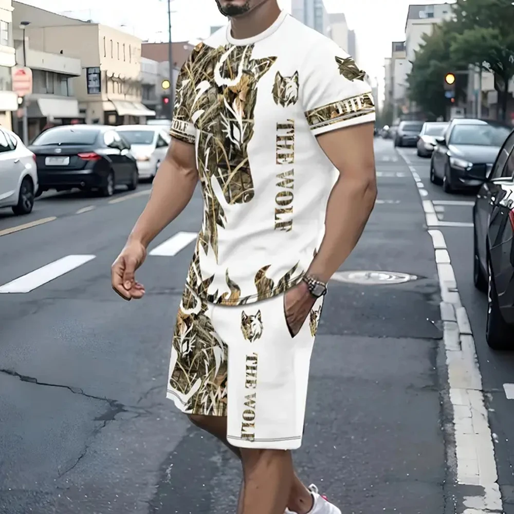 Men Summer Vacation Black White Printed Short Sleeve T-Shirt And Shorts Set Fashion Two Piece Set Men Sportwear Fitness Pullover
