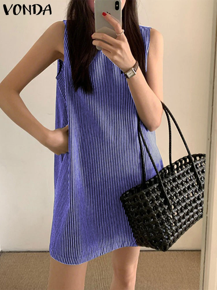 

Women Summer Dress Sleeveless Stripe Dresses VONDA Fashion Vestidos Female Sundress Casual Mini Dress Streetwear Oversize