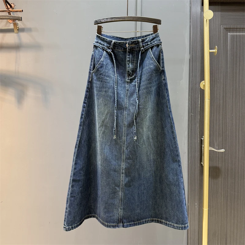 

Women's Retro Mid-Length A-Line Skirts Korean Style Washed Effect Slimming High Waist Casual Versatile Split Denim Skirt