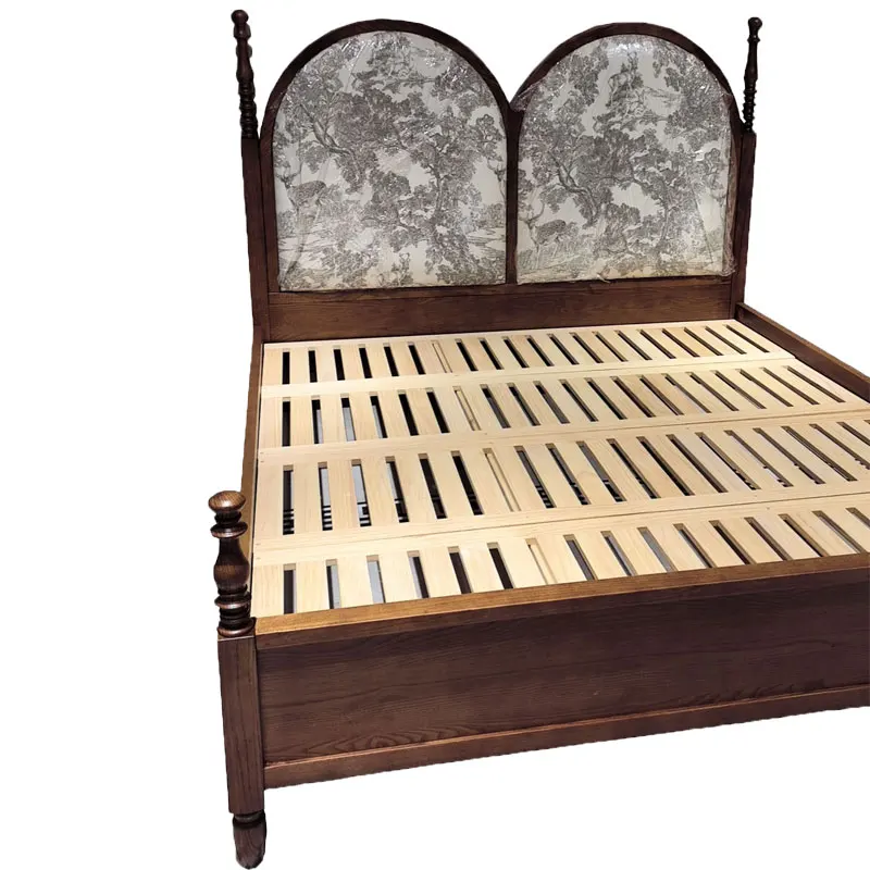 @#American Vintage Modern Double Bed Queen-Size Oak with High Backrest French Roman Pillar Black Velvet Solid Wood Master Bed