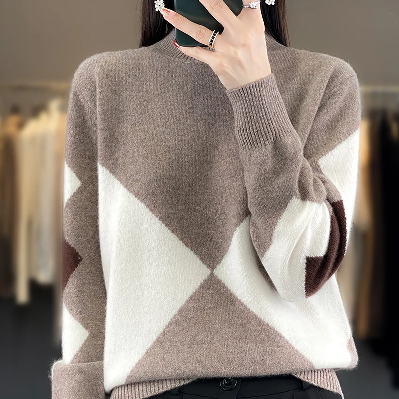 Autumn and winter new 100% merino wool women's semi-turtle neck knitted color matching pullover long sleeve casual loose top