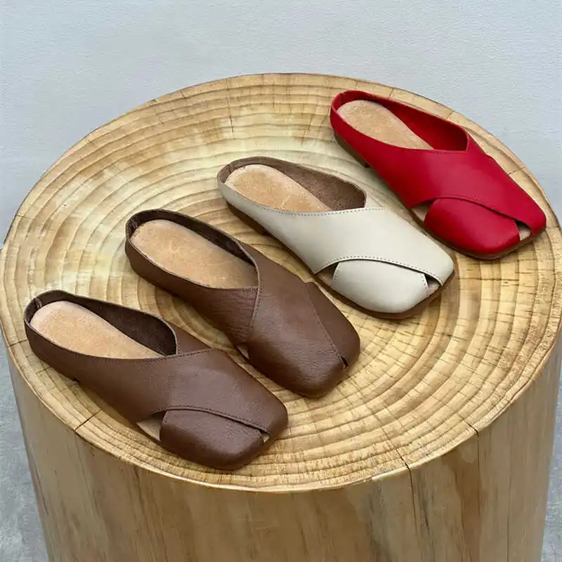 Retro And Nostalgic Style Flat Bottomed Summer Women's Shoes All Made Of Genuine Leather Sandals Rural Elderly Shoes Healthy