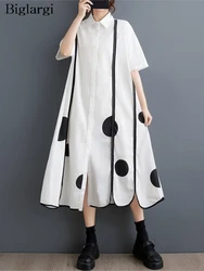 Oversized Summer Midi Shirt Dress Women Irregular Polka Dot Print Fashion Ladies Dresses Casual Loose Ruffle Pleated Woman Dress