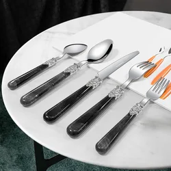 4Pcs/Set Flatware Knife Fork Spoon Stainless Steel Set Marble Plastic Handle Household Light Luxury Dessert Scoop Steak Knives