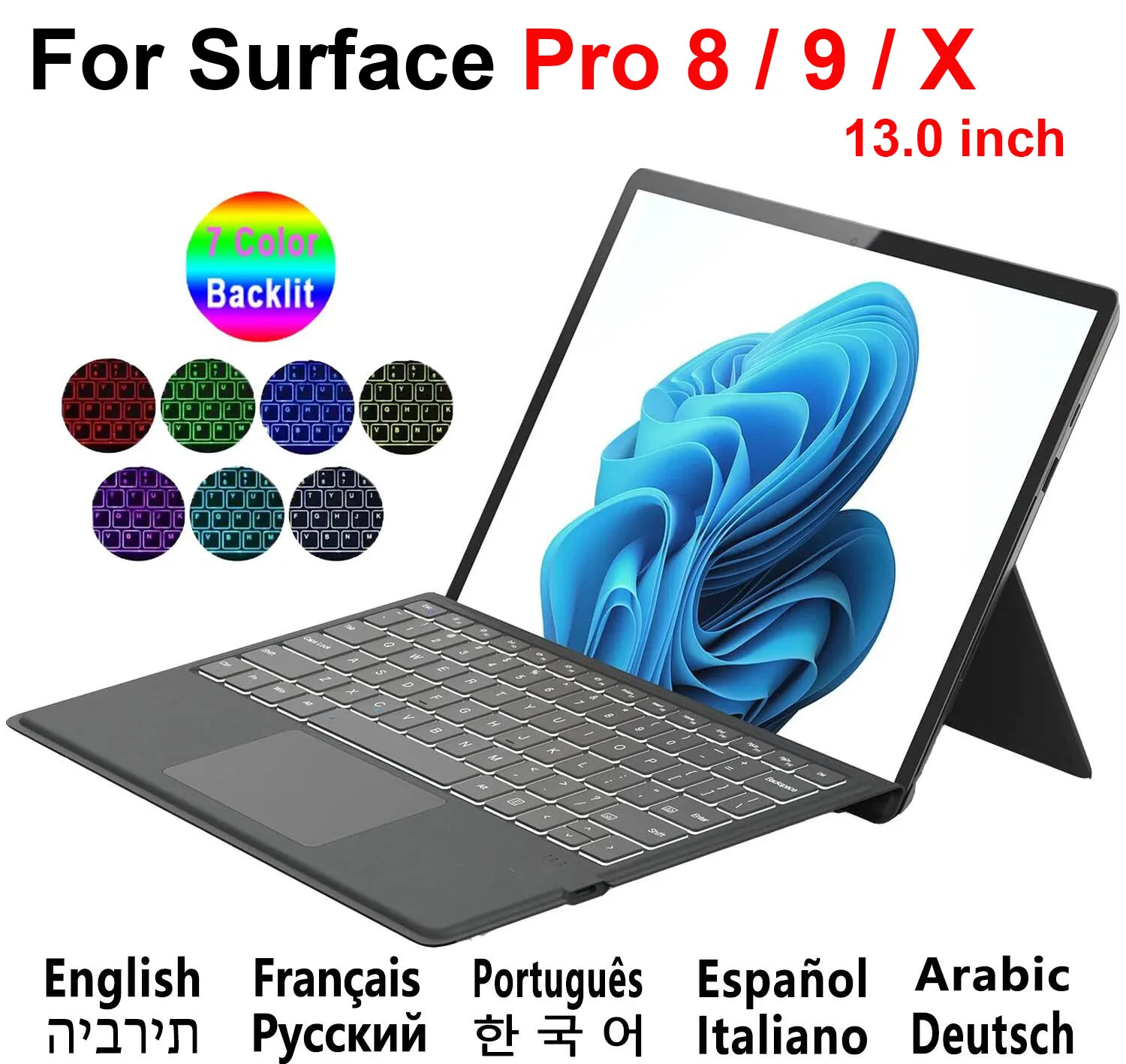 Backlit Trackpad Keyboard for Microsoft Surface Pro 8 9 10 X 13.0 Russian Spanish Arabic Hebrew Korean AZERT Portuguese Keyboard