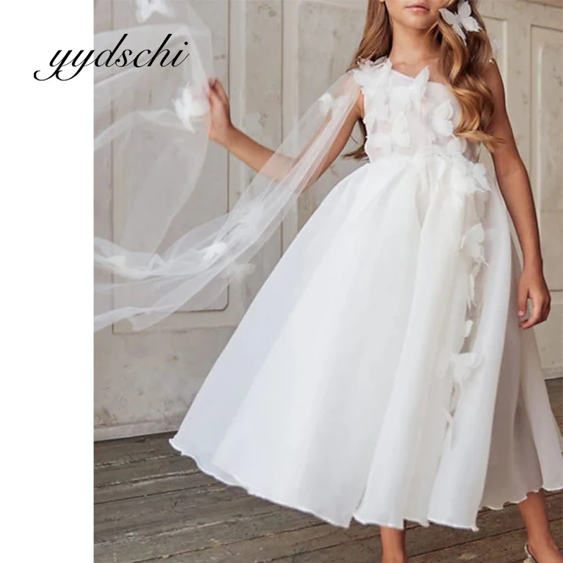 

Customized White Flower Girl Dress Wedding Princess One Shoulder Ankle Length Party Costume Applique Lace Prom Dresses For Kids