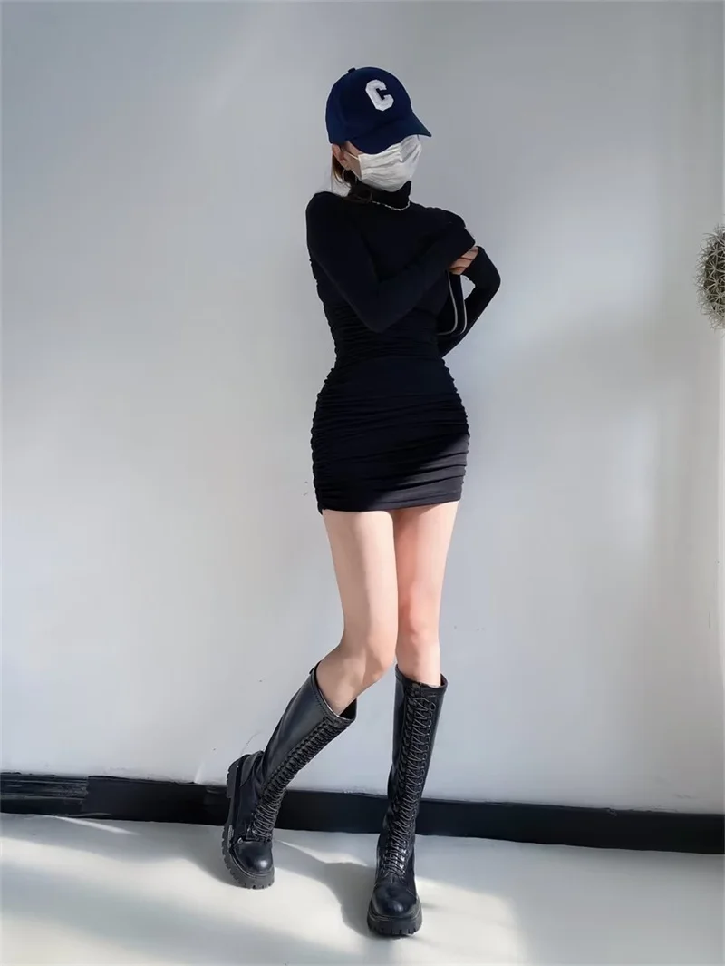 Puro desejo picante menina gola alta plissado bodycon dr sexy emagrecimento interior usar camada base apertado ort saia na moda