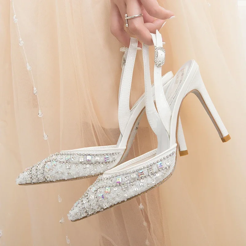 

Crystal shoes wedding shoes new pointed rhinestone banquet socialite high heels women thin heels toe sandals