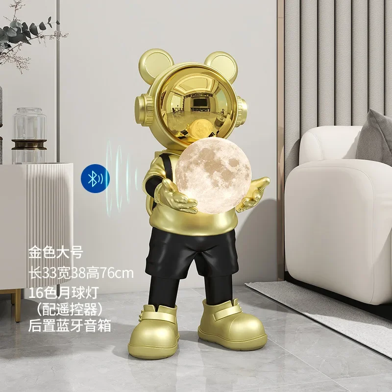 غرفة معيشة رائد الفضاء، زخارف أرضية كبيرة، وخزائن تلفزيون، وأرائك، وديكورات جانبية