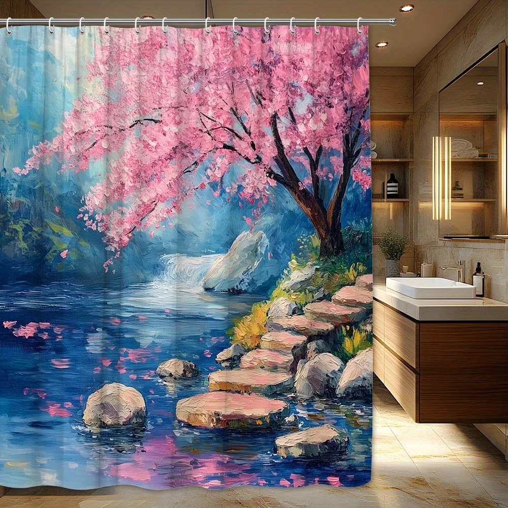 

Занавеска для душа Serene Landscape, вишневые деревья и водопад, полиэстер, 12 крючков, машинная стирка