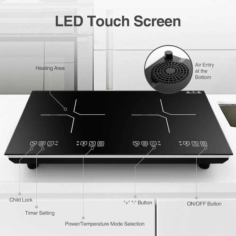 Elektrischer Induktionsherd, 4000 W, 2 Brenner, Heizplatten-LED-Sensor, Kindersicherung und Timer, tragbares Doppelinduktionskochfeld