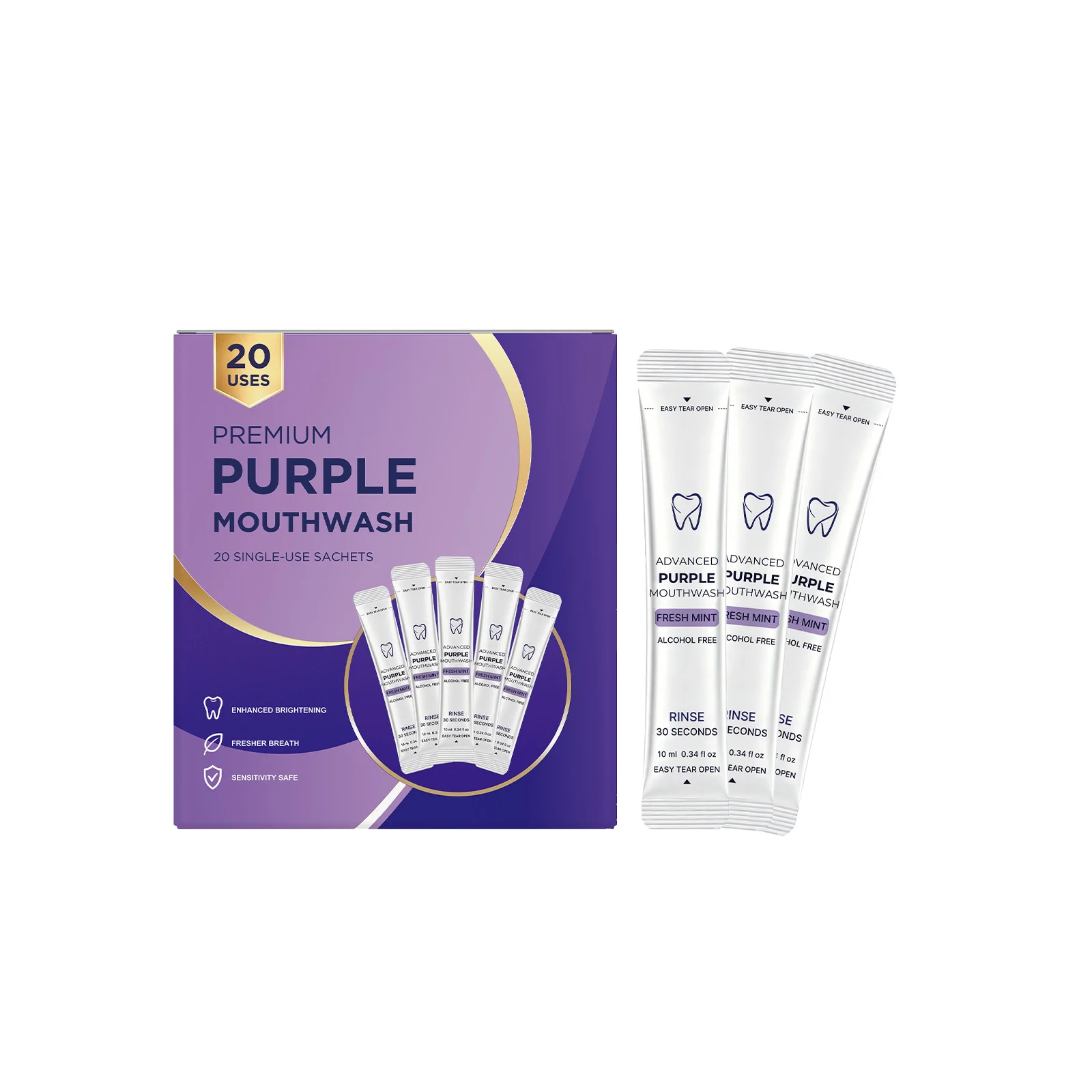 Purple Mouthwash Support Gum Health Remove Oral Odor Fresh Breath Deep Cleaning Color Correcting Teeth Whitening Oral Care 20pcs