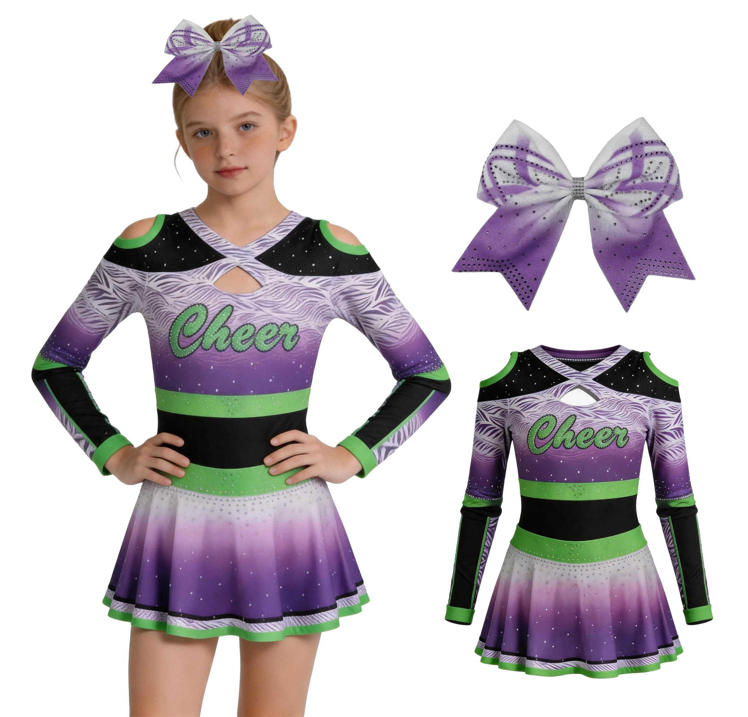 

Purple Gradient Cheerleader Dress Bow Girls Cold Shoulder Long Sleeve Rhinestone Cheer Outfit Competition Performance Costume