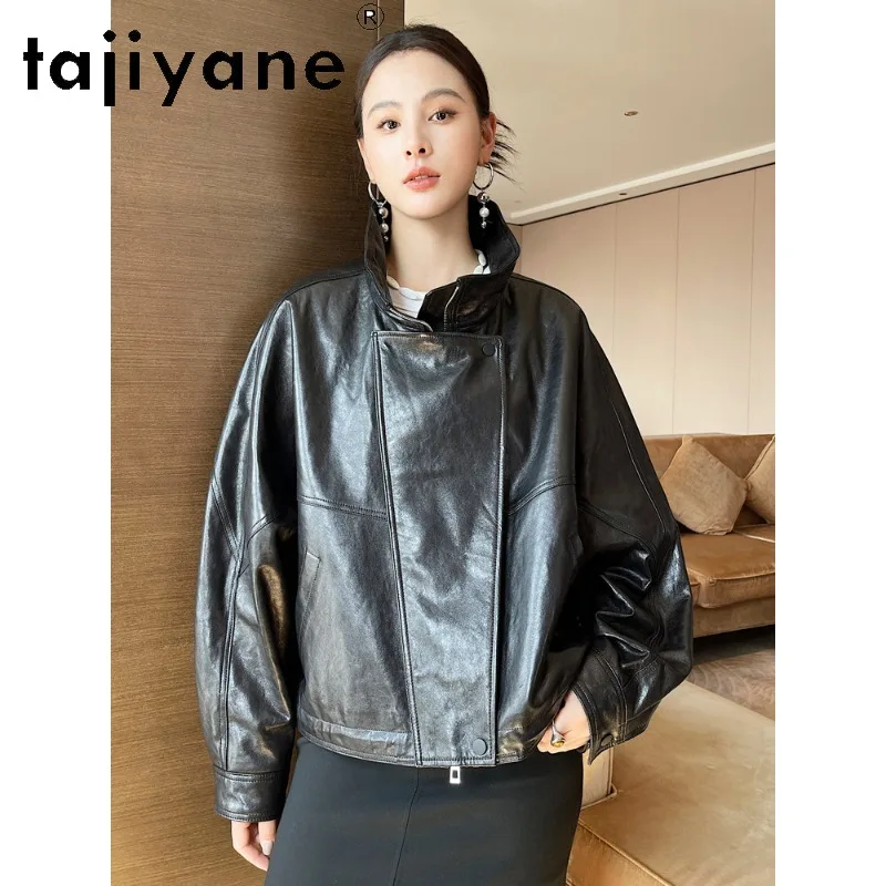 TAJIYANE Oil Waxed Sheepskin Real Leather Jacket Woman Cropped Jackets for Woman Leather Coat Loose Outerwear Chic Jaqueta 2026