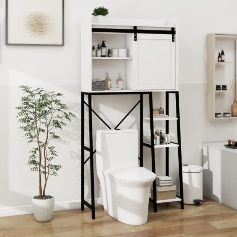 FENGSHUO Over The Toilet Storage Cabinet Bathroom Shelves Over Toilet With Sliding Barn Door,adjustable Shelves Side Storage