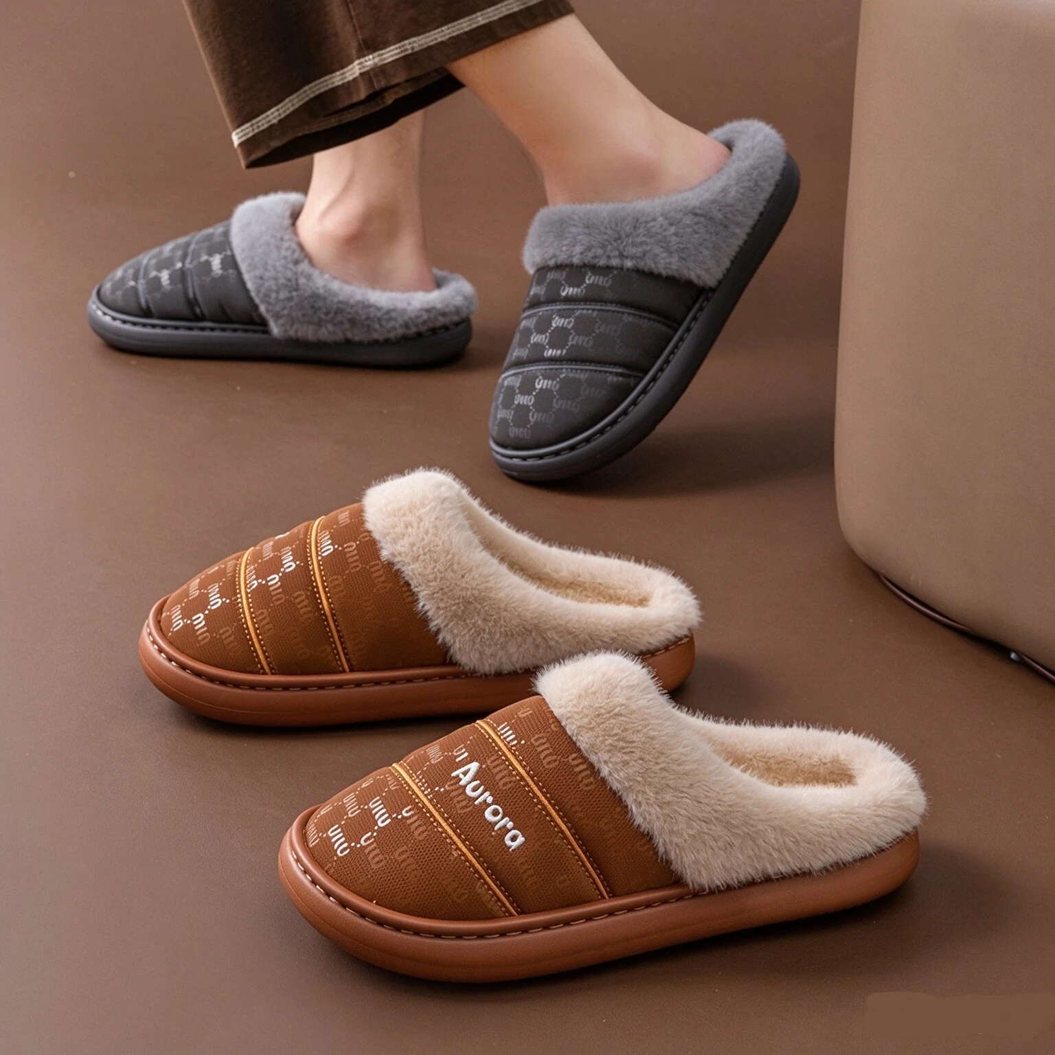 Women's Winter Warm Fur Slippers Stripe House Non Slip Shoes Comfort Flat Heel Home Indoor Bedroom Casual Plush Men Slippers