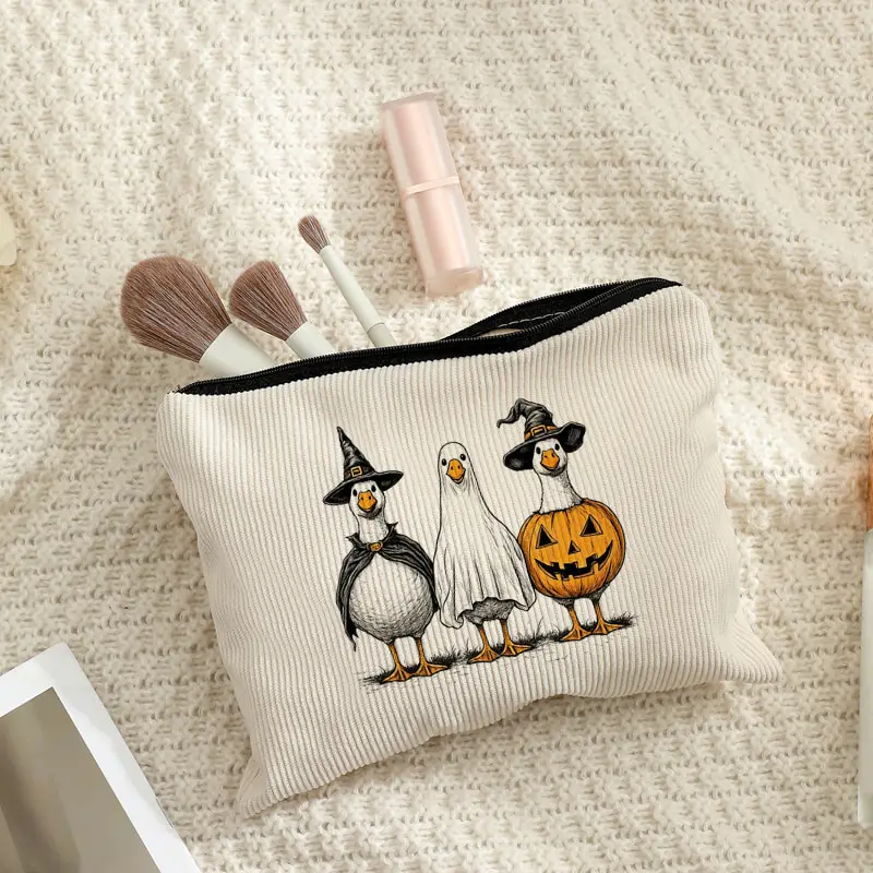 Corduroy Halloween Duck Cosmetic Bag Witch Ghost Pumpkin Duck Zipper Makeup Pouch Travel Storage Purse for Women
