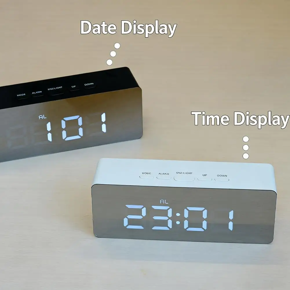 LED Mirror Digital Alarm Clock Snooze Time Display, USB Powered Night Light Desktop Table Clock for Home Desk Decor
