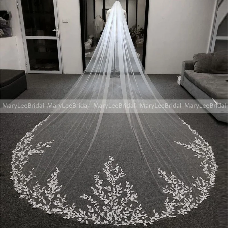 Velo da sposa in tulle con applicazioni di pizzo a foglie con pettine Veli da sposa lunghi bianco / avorio personalizzati Veu of Bride 3 metri Veu