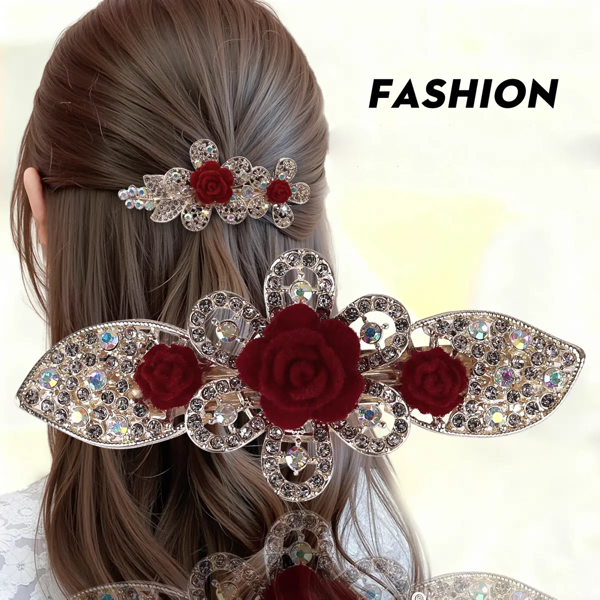 AWAYTR Korean Crystal Flower Hair Clip Vintage Rhinestone Clip Extra Large Spring Clip Women Hairpin Flower Hair Accessories