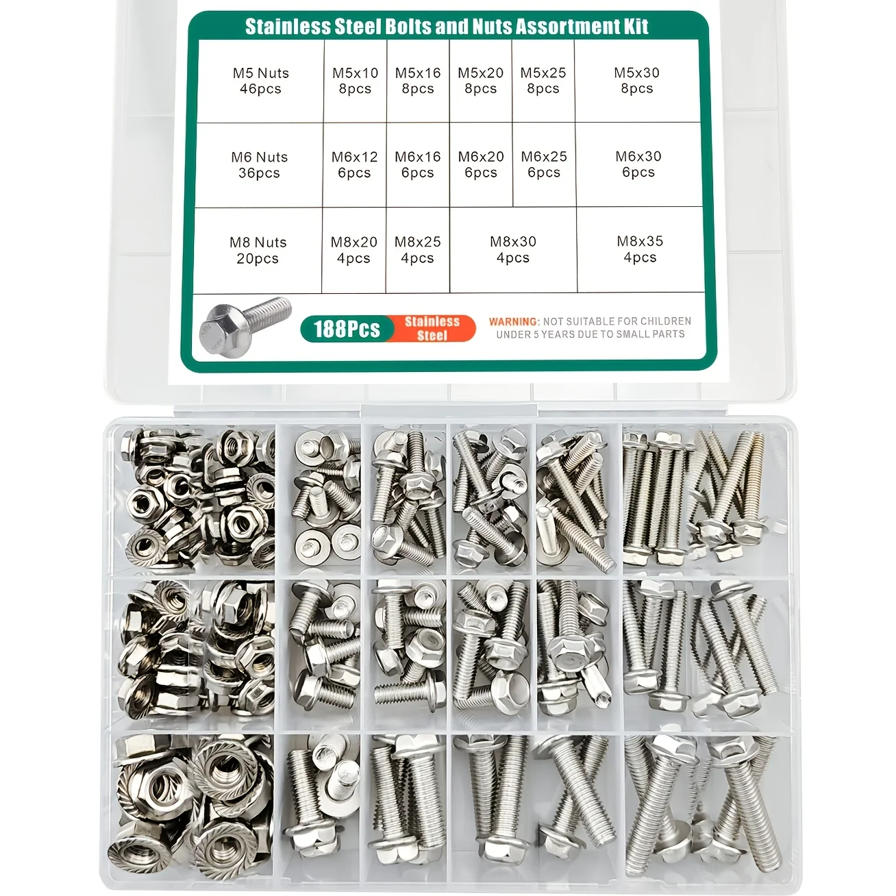 [Stainless Steel Bolt Kit] 188pcs Stainless Steel 304 Flange Bolt and Nut Kit | Metric Flange Hex Nuts, M5 M6 M8 Including 14 Commonly Used Sizes, Full Thread Set