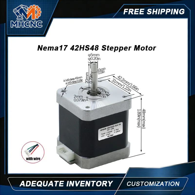 MHCNC Nema17 Stepper Motor 42HS48 48mm 0.45Nm 65ozin 1.5A 5mm Shaft For 3D Printer CNC Router Robot Arm Automation Equipment