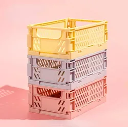 Medium Folding Plastic Storage Bins Stackable Basket Tray with Handles for Shelves Grocery Kitchen Bedroom Desktop Organizer