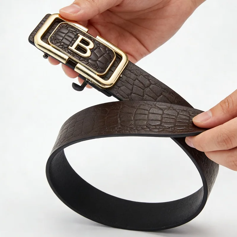 New Arrival Men's Crocodile-Patterned Toothless Automatic Buckle Business Belt; Stylish Trouser Belt; Unique Leather Belts