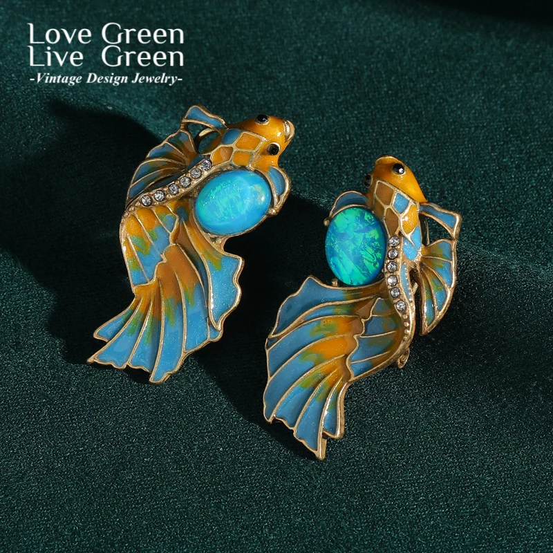 

Vintage Blue Goldfish Studs Earrings For Woman Drop Oil Antique Opal Rhinestone Luxury Designer Jewelry Gift Accessories 2025