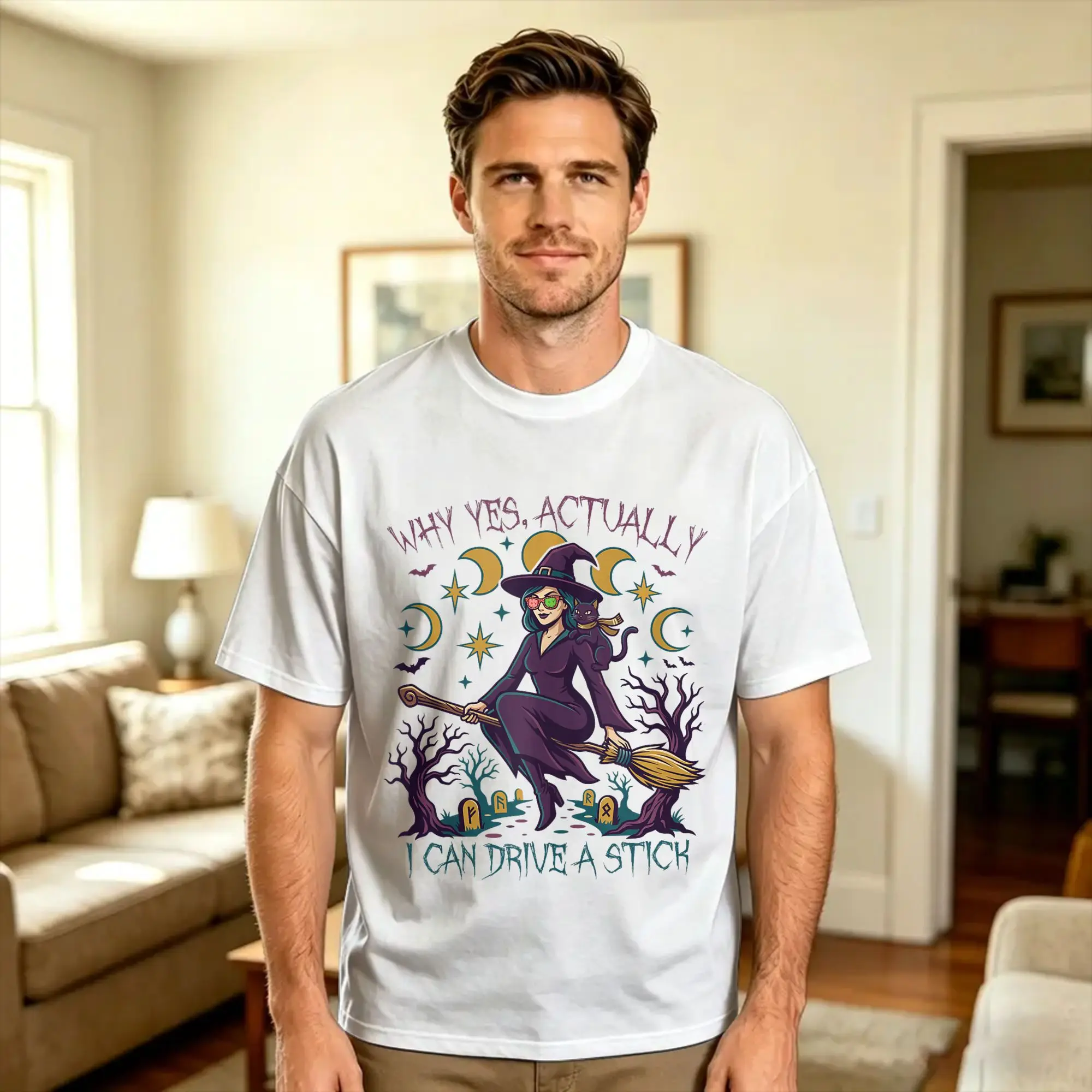 Yes I Can Drive A Stick Funny Halloween Spooky Witch Cotton T-Shirt For Men Summer  Classic T Shirts Harajuku Tees Big Size