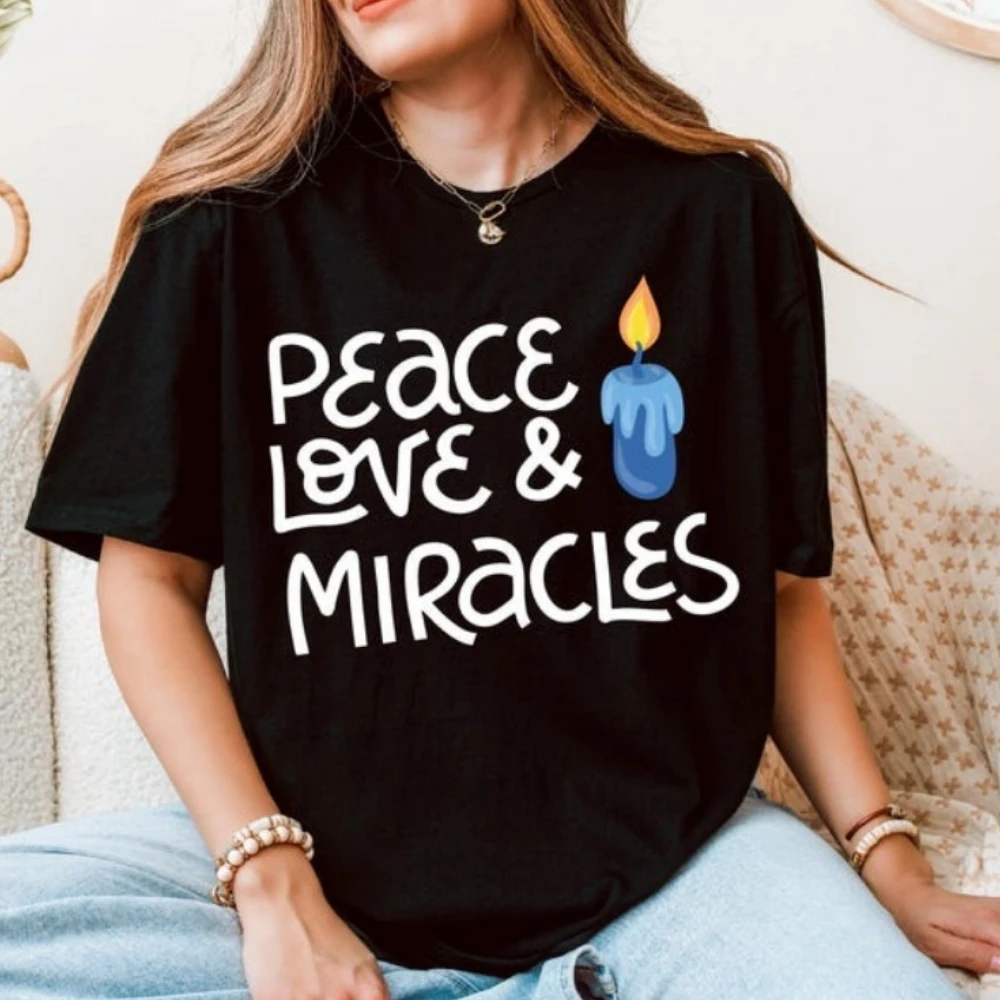 Peace Love Miracles Shirt Jewish Christmas Tops Happy Hanukkah Shirt Hipster Short Sleeve Comfortable Personality Sweatshirt