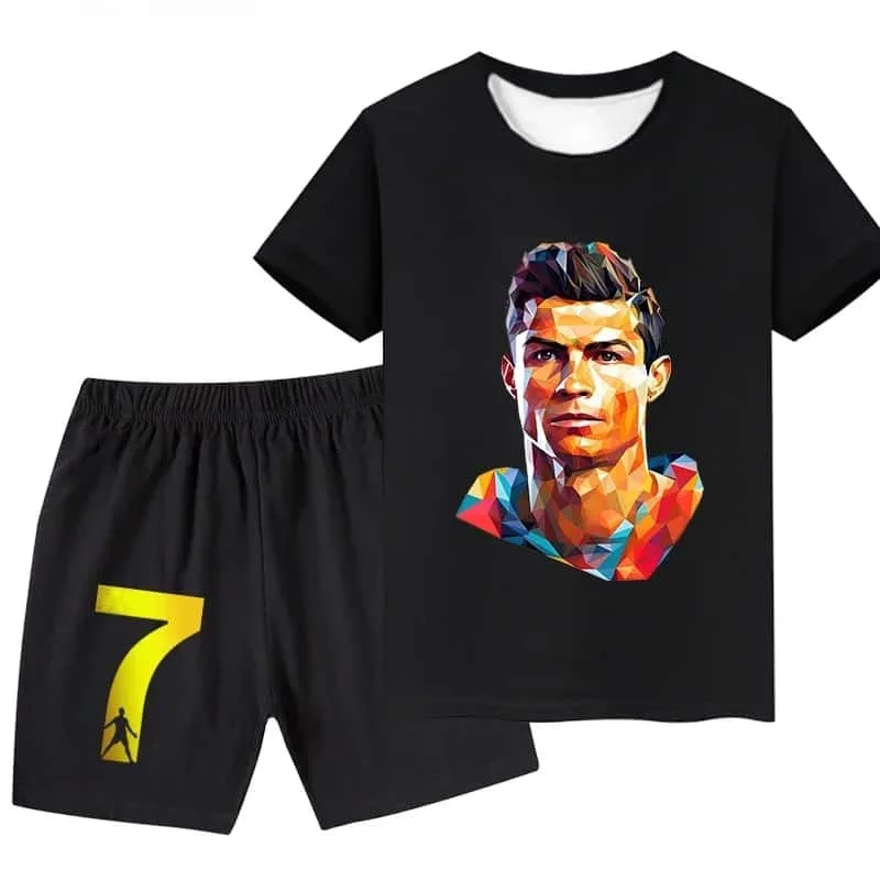 Summer New Football Star #7 Ronaldo 3D Printed Short Sleeve T-shirt+Shorts Outdoor Breathable Loose Sportswear Family Kids Tees